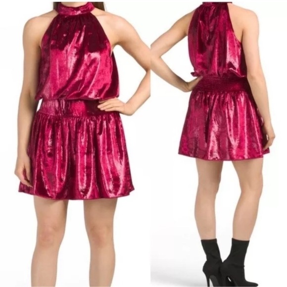 Ramy Brook Ellin Velvet Metallic Deep Red Halter Neck Dress - Picture 1 of 6